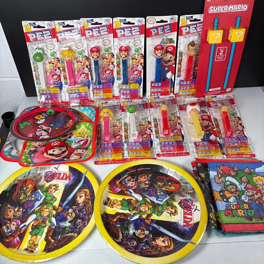 Super Mario Birthday Party Favor Lot PEZ Dispensers Zelda Plates Napkins Straws